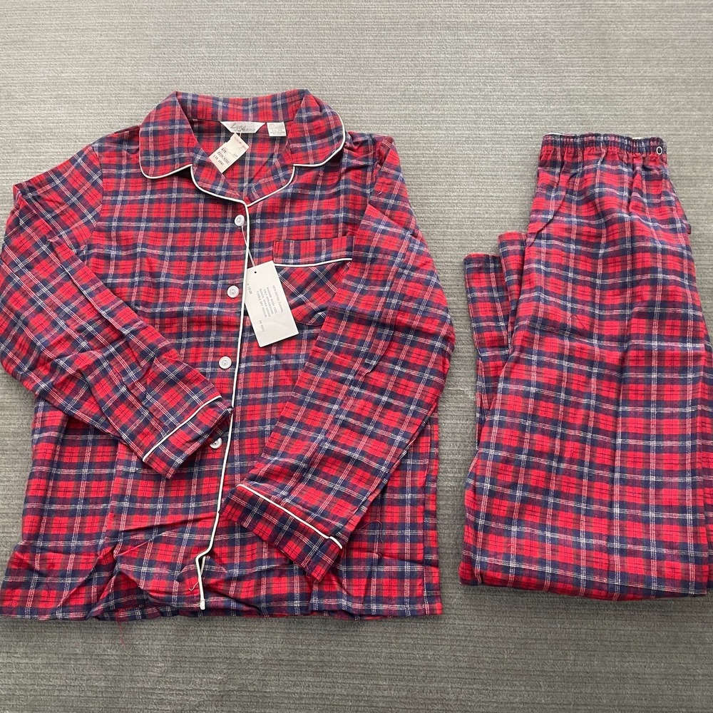 Vintage  Lyn Anne Flannel Cotton‎ Red Plaid Striped Pajama 2 Pc. Set Cabincore